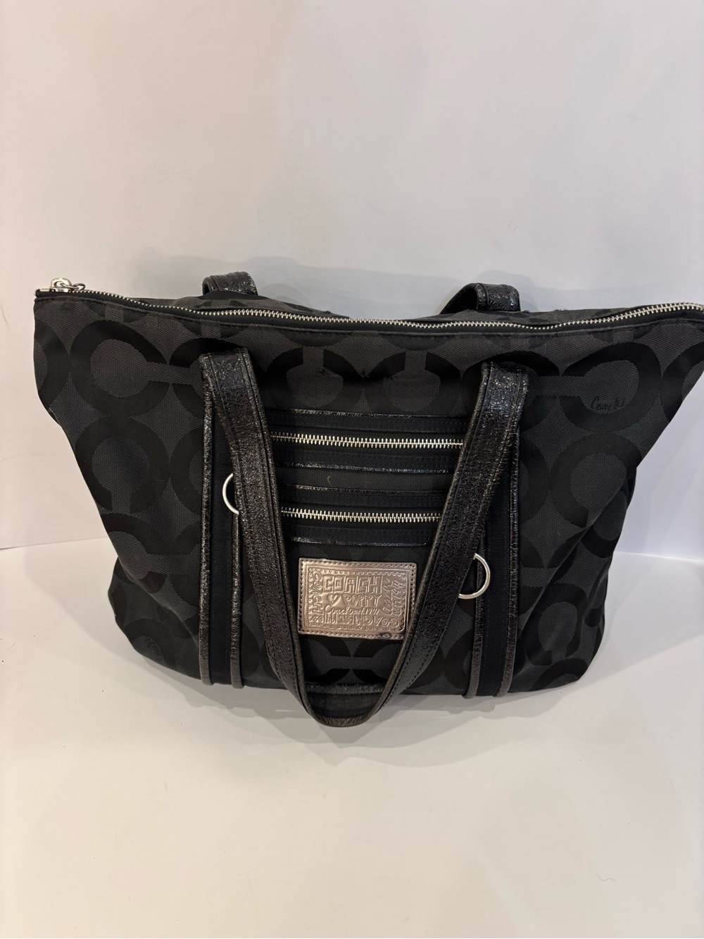 Coach Black Signature Jacquard Tote with Front Zip Detail